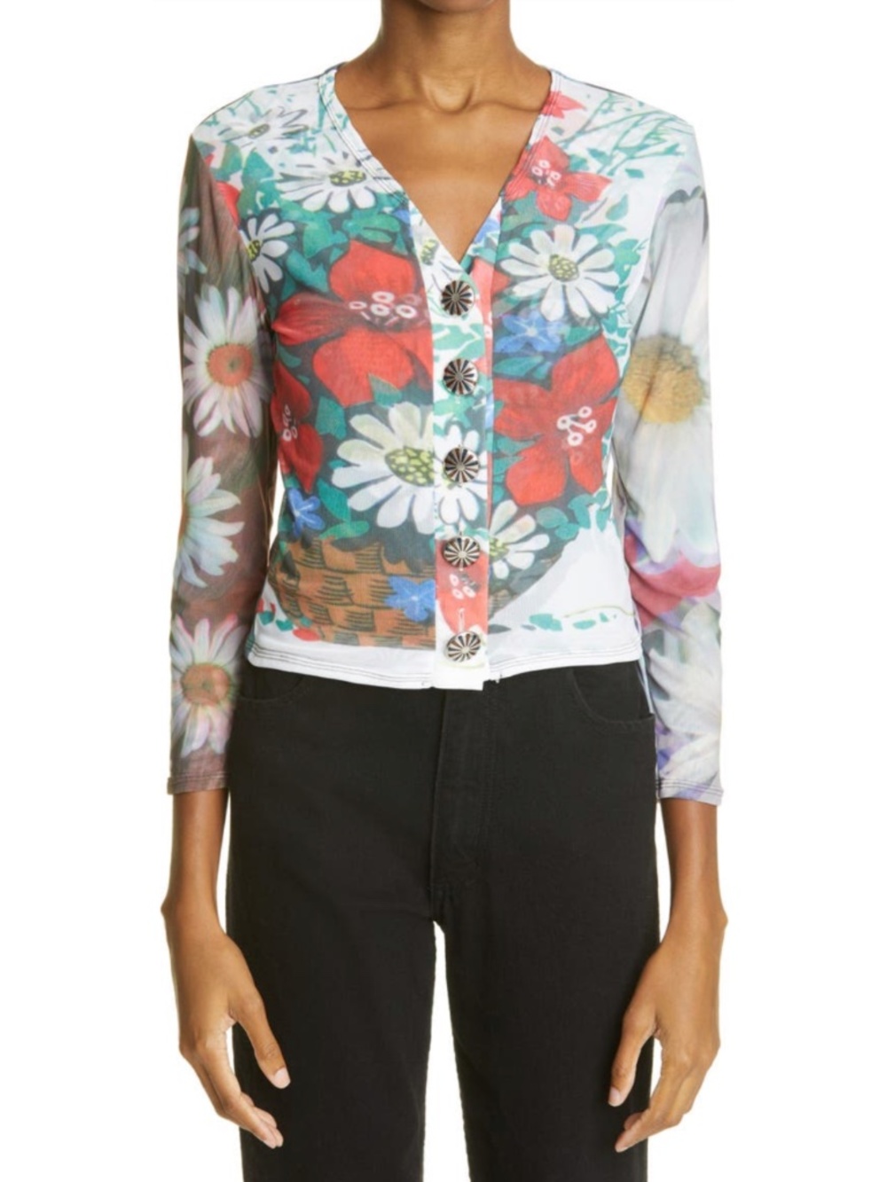 NEW Chopova Lowena Floral Daisy Mesh Button Top Small